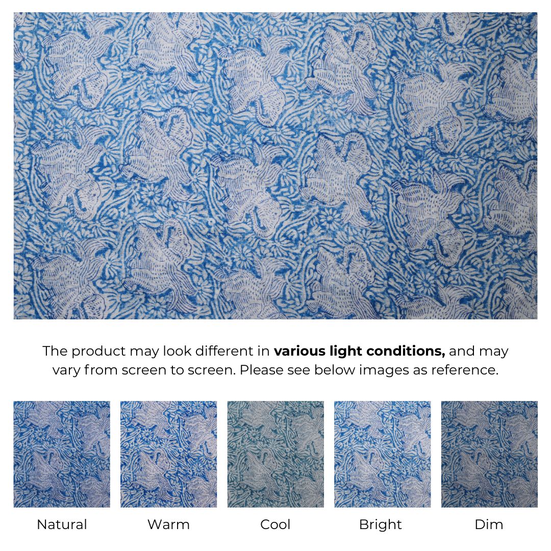 Single-Sided Block Printed Mal Cotton Fabric in Blue Floral Pattern