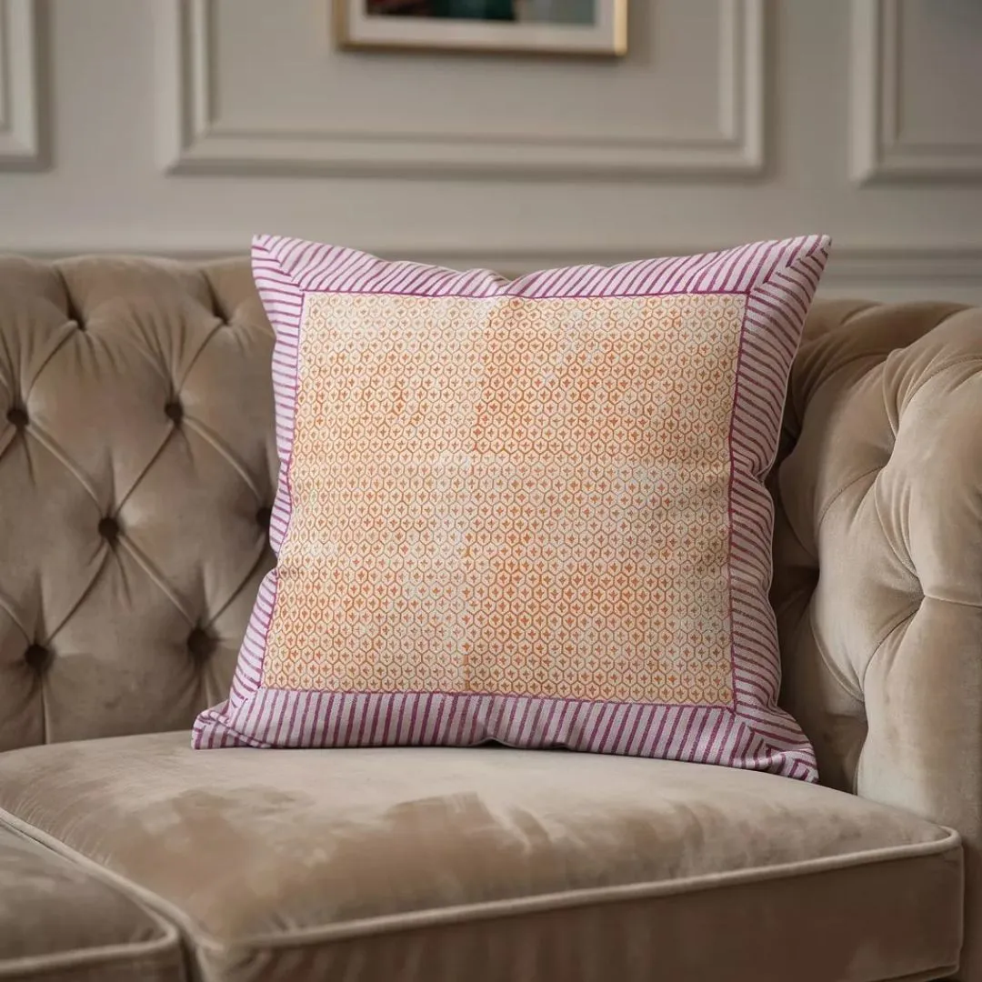 Block Printed Cotton Cushion Covers with Grid Pattern & Multicolour Border (Set of 2)