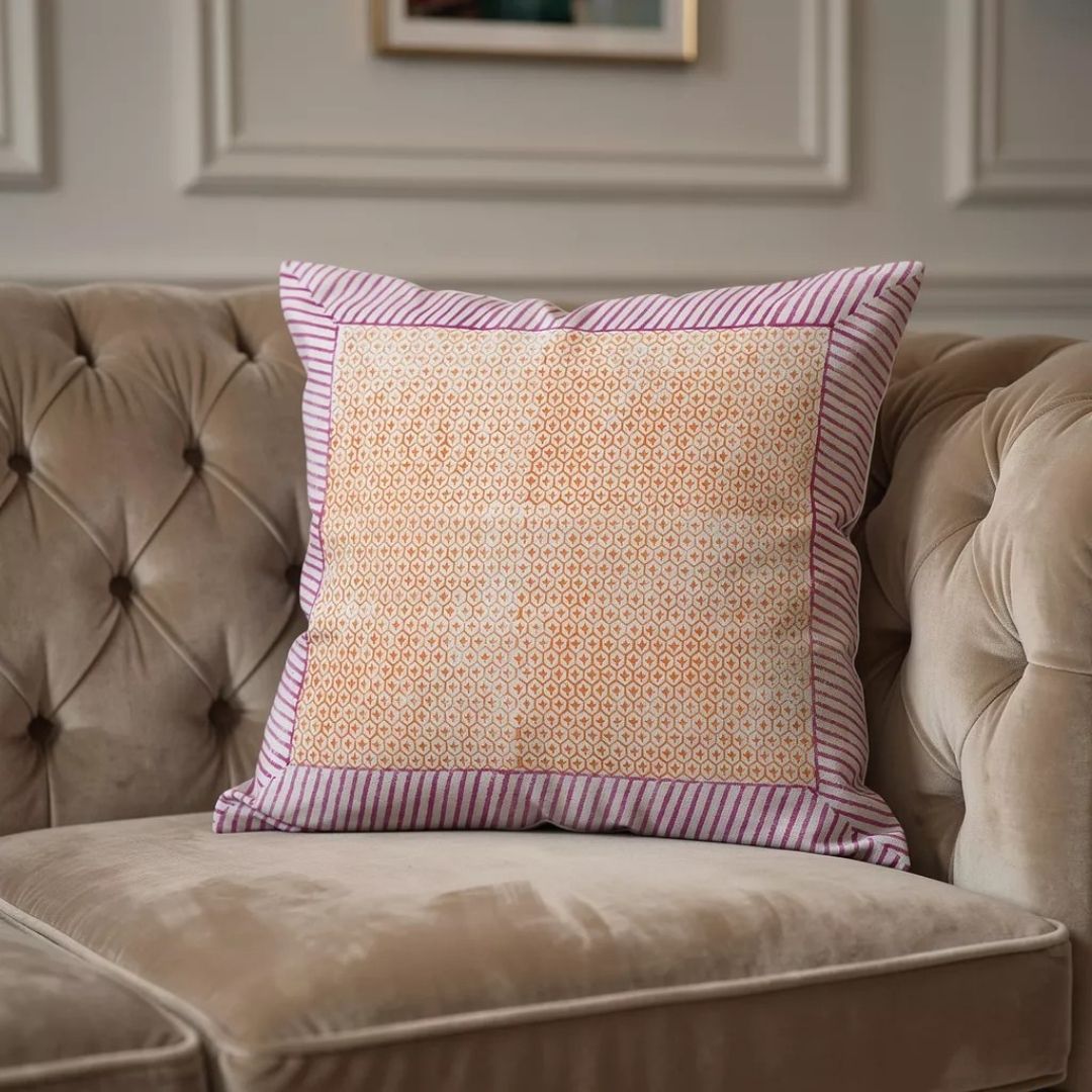 Block Printed South Cotton Cushion Cover with Multicolour Grid Border