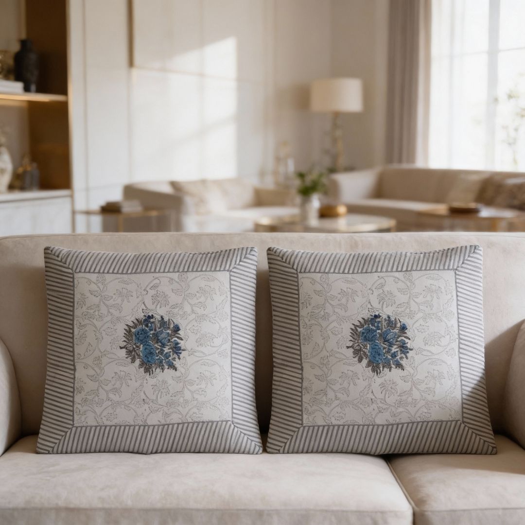 Block Printed South Cotton Cushion Cover with Central Floral Motif
