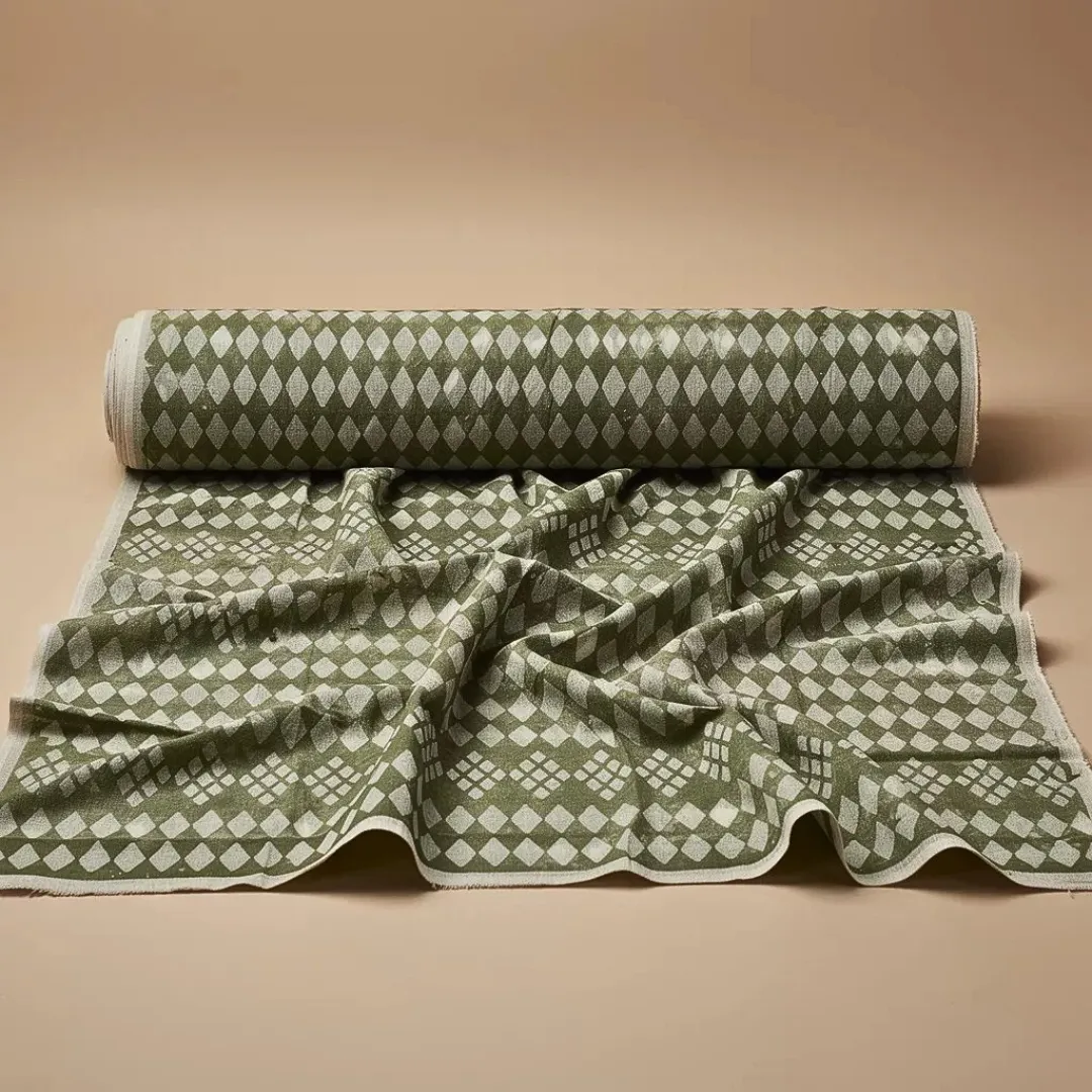 Single-Sided Hand Block Printed Mal Cotton Fabric – Green Geometric | Sold Per Meter