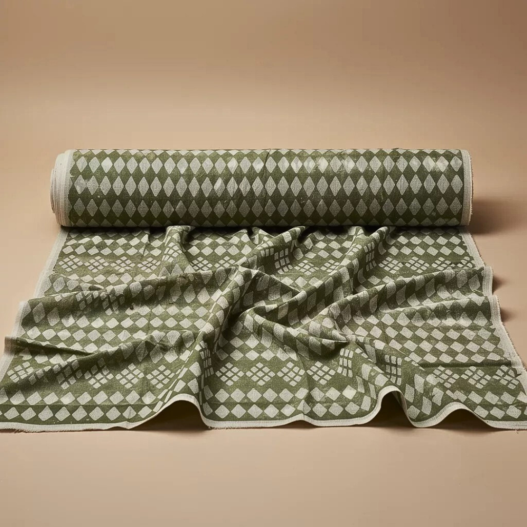 Single-Sided Block Printed Mal Cotton Fabric in Green Geometric Pattern