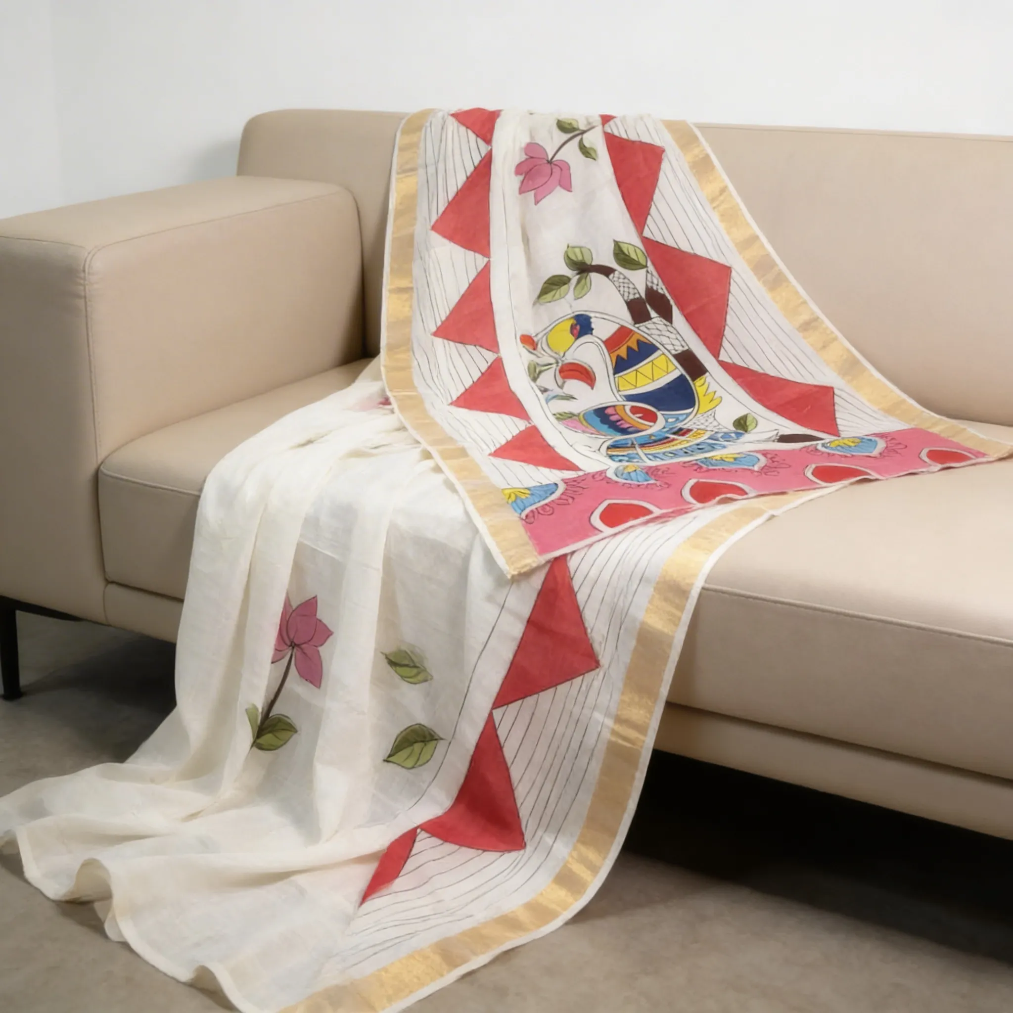 Kerala Cotton Hand-Painted White Saree with Multicolor Motifs & Golden Border | Includes Blouse Piece
