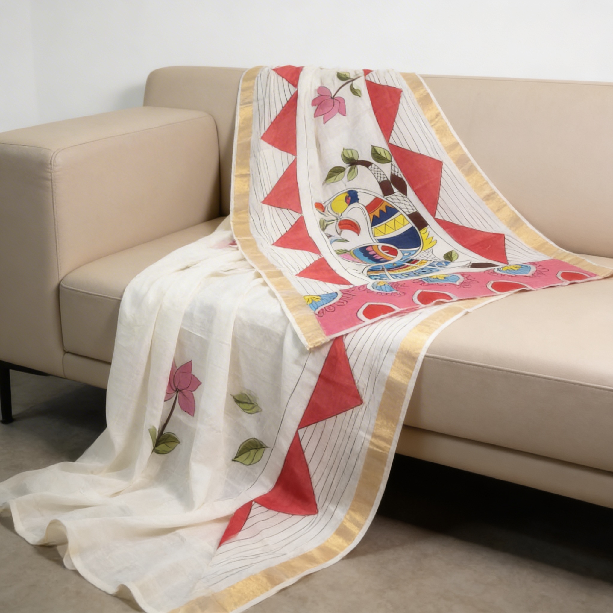 Kerala Cotton Hand-Painted White Saree with Multicolor Motifs & Golden Border | Includes Blouse Piece