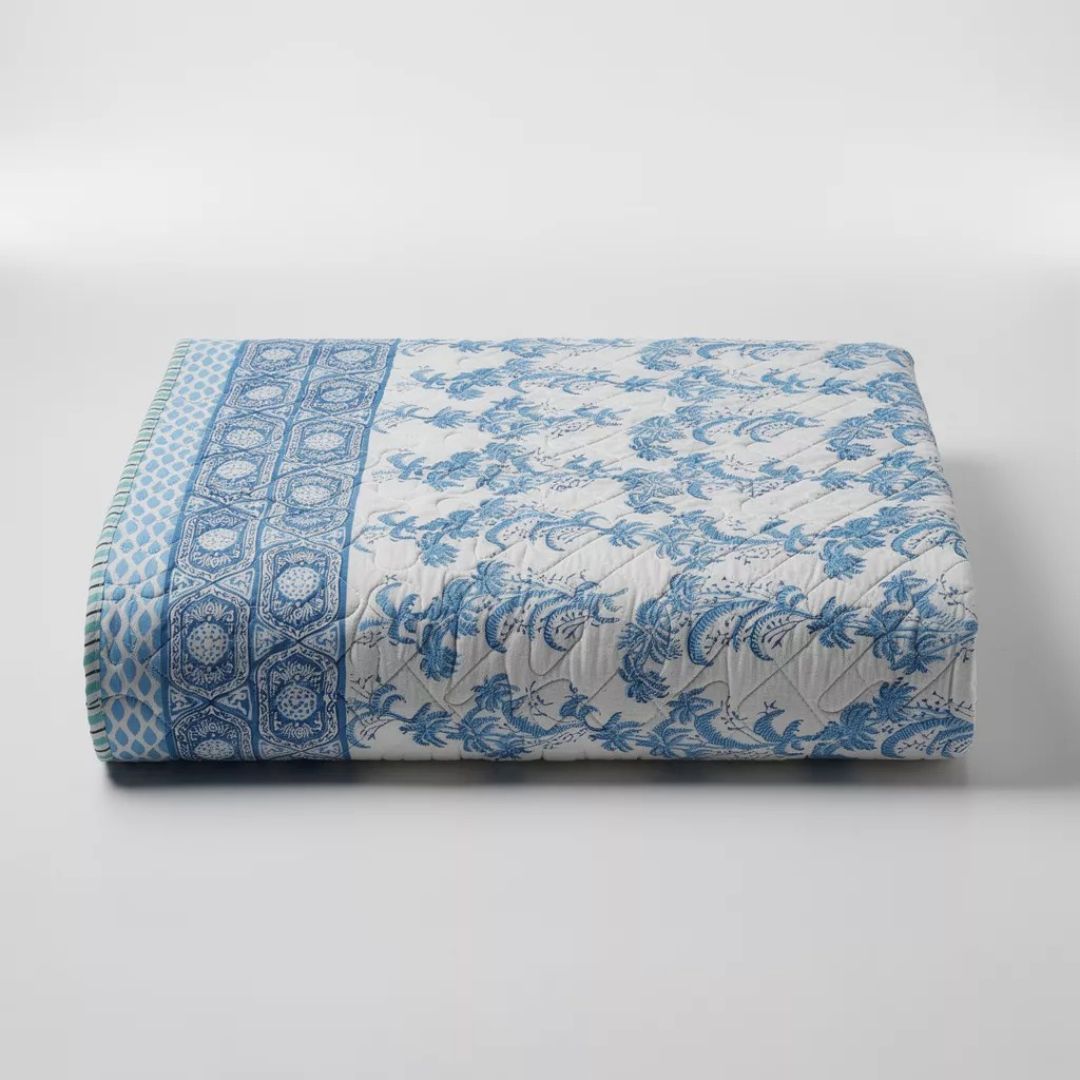 Single Double-Sided Block Printed Cotton Comforter in Blue Floral Pattern