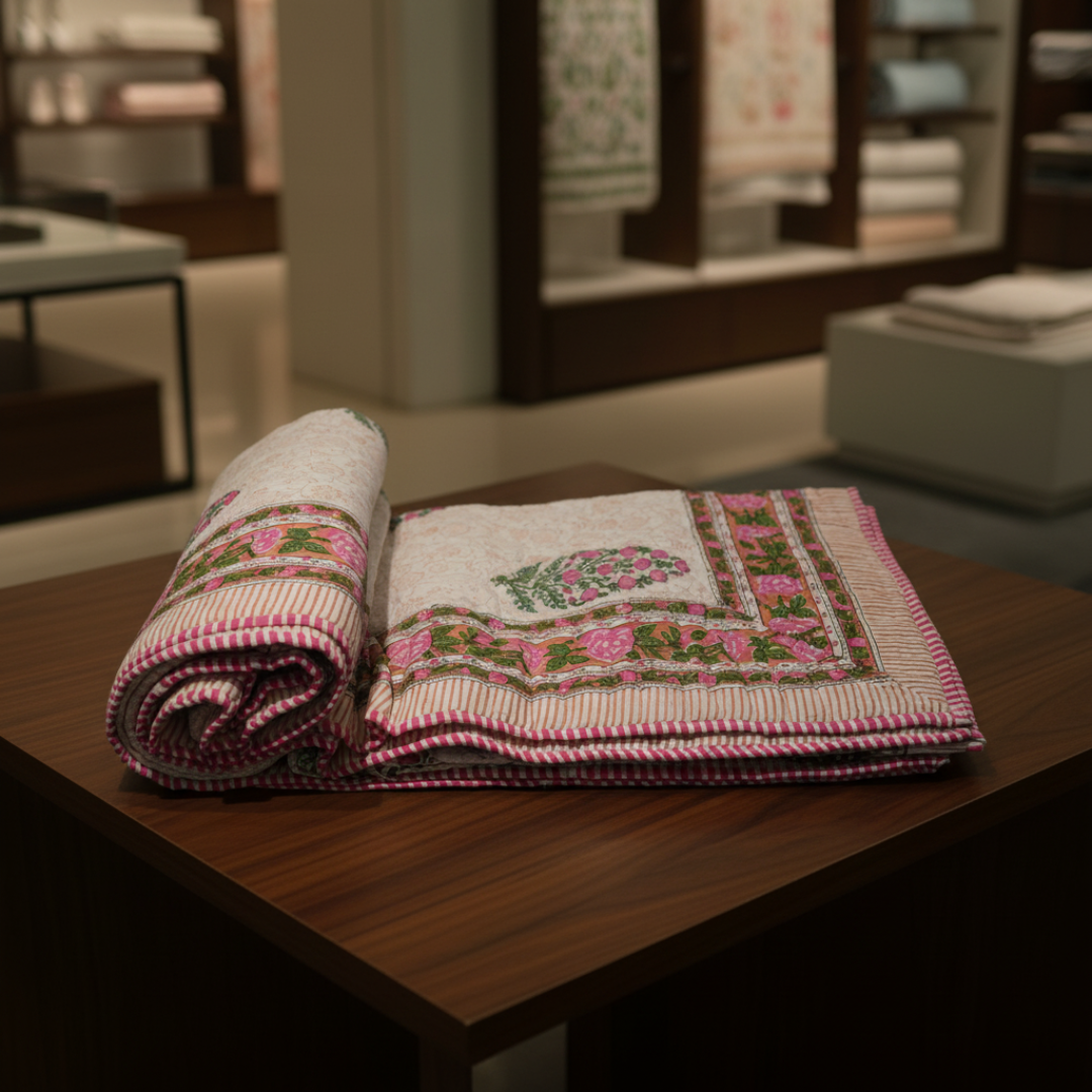 Single Double-Sided Block Printed Cotton Comforter in Pink Green Floral Pattern