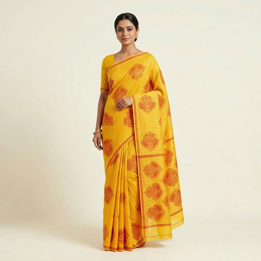 Traditional Jamdani Cotton Silk Saree Yellow