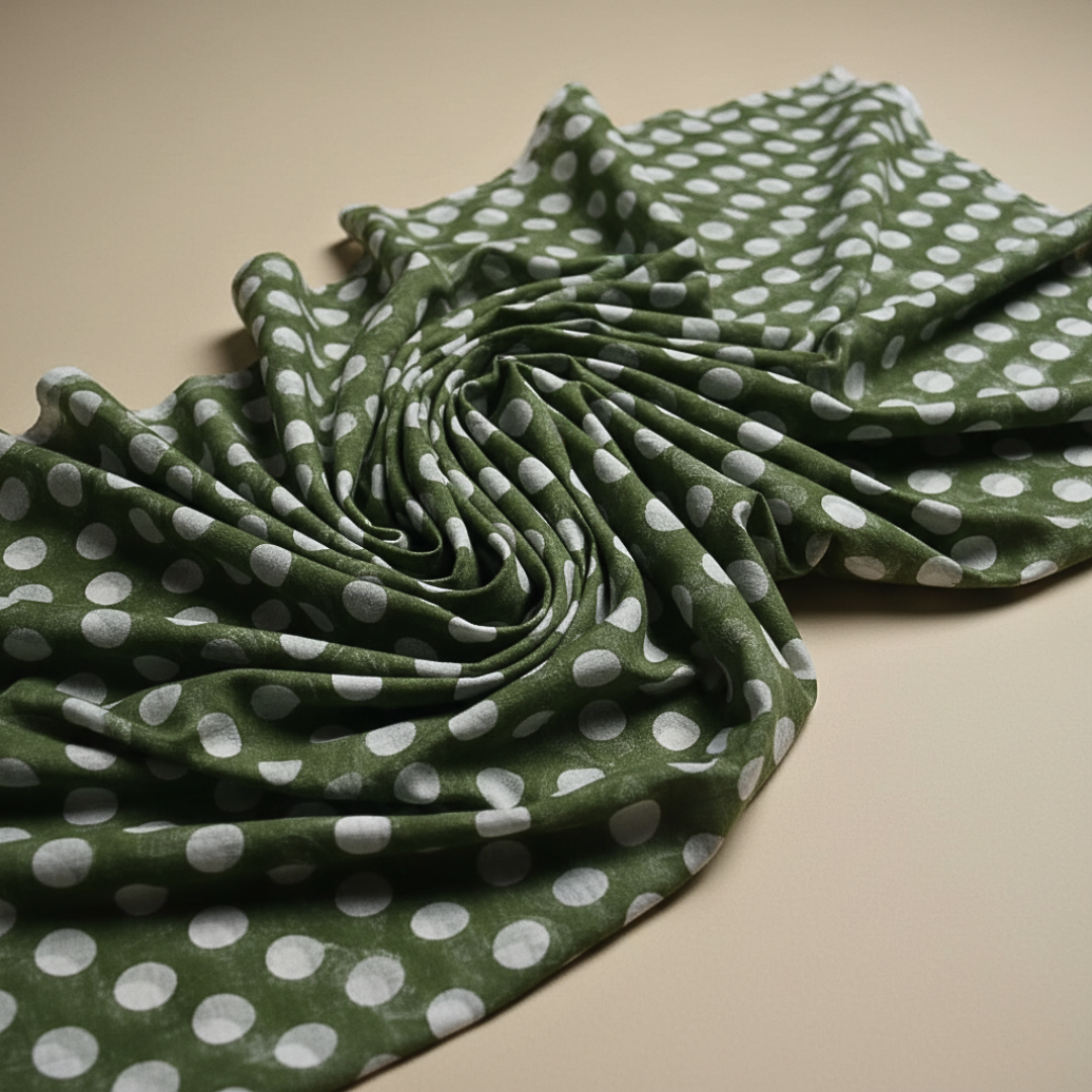 Single-Sided Hand Block Printed Mal Cotton Fabric – Green Geometric | Sold Per Meter