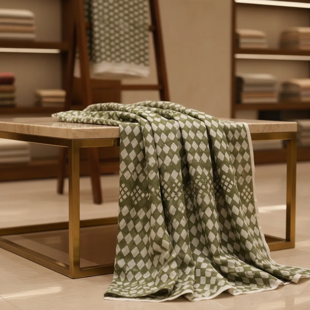 Single-Sided Hand Block Printed Mal Cotton Fabric – Green Geometric | Sold Per Meter