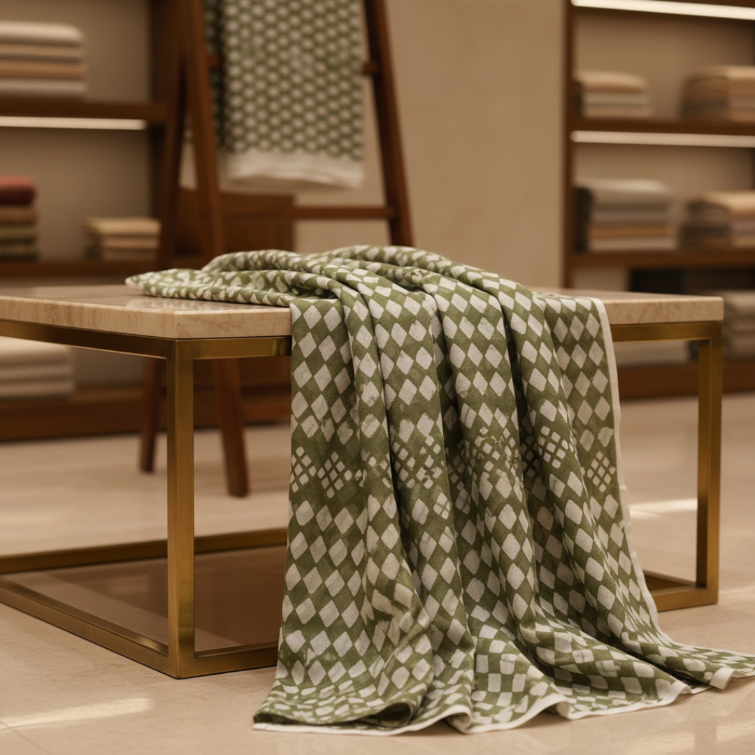 Single-Sided Block Printed Mal Cotton Fabric in Green Geometric Pattern