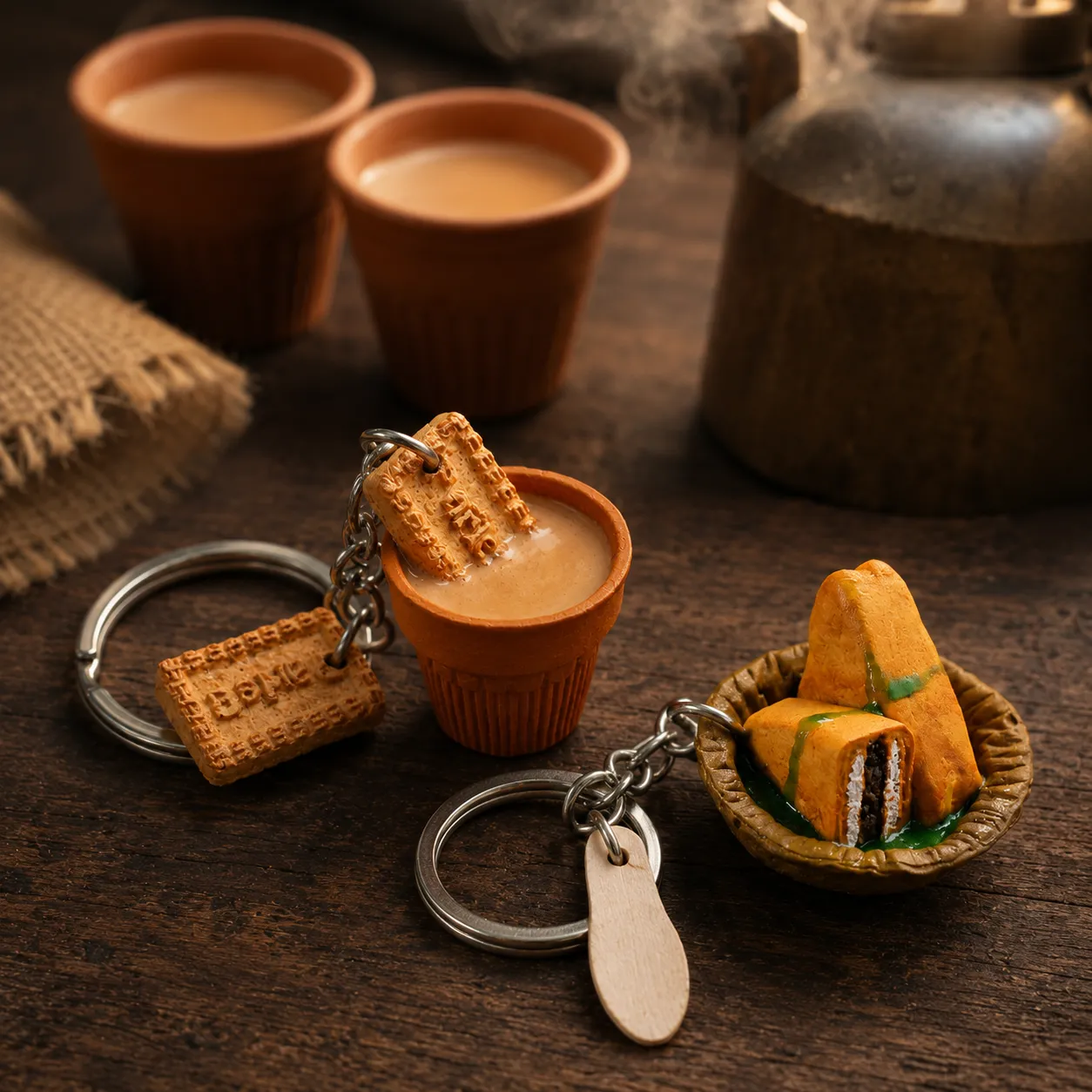 Miniature Chai Biscuit and Bread Pakora Keychain Set