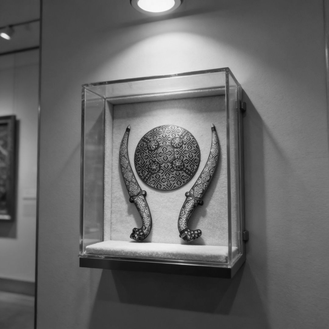 Decorative Koftgari Dagger Set with Matching Shield Motif