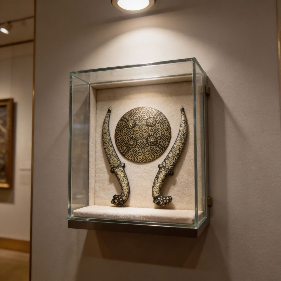 Decorative Koftgari Dagger Set with Matching Shield Motif