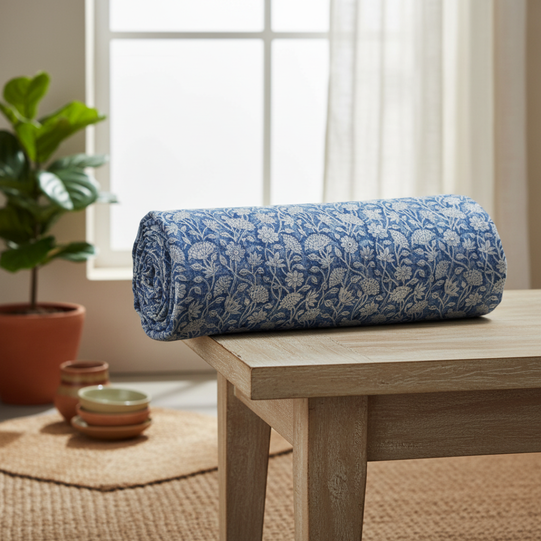 Single-Sided Block Printed Mal Cotton Fabric in Indigo Floral Pattern