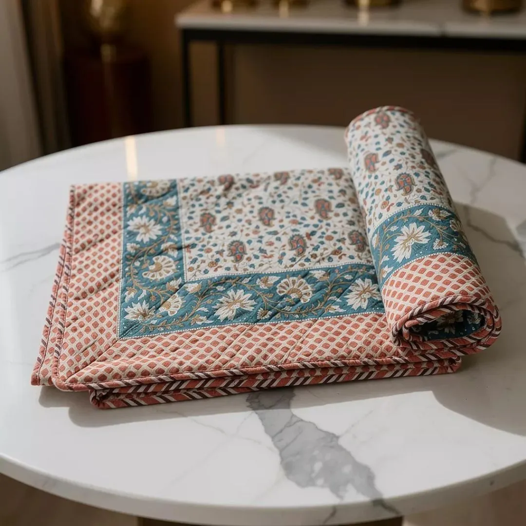 Single Double-Sided Block Printed Cotton Comforter in Teal Floral Pattern