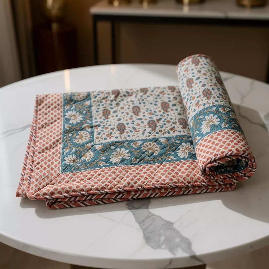 Single Double-Sided Block Printed Cotton Comforter in Teal Floral Pattern