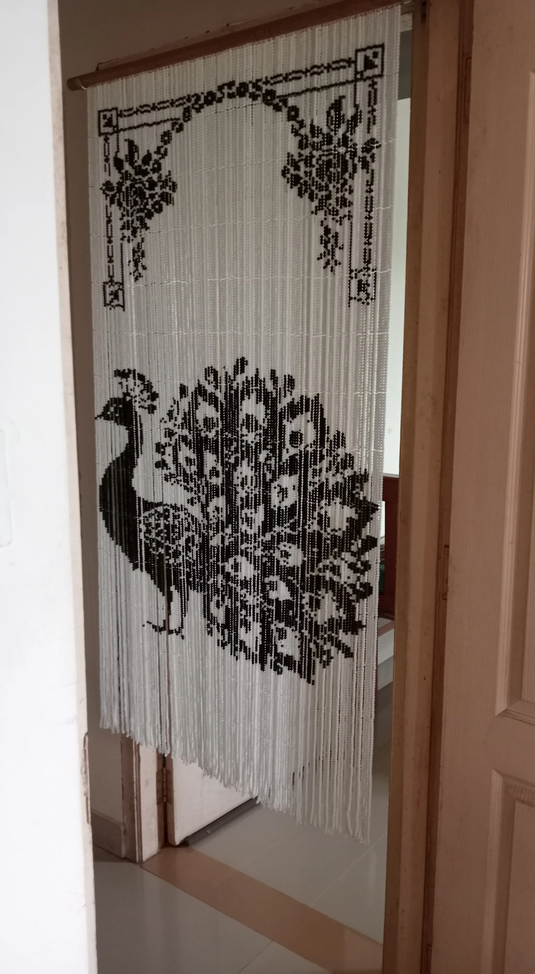Handcrafted Pixel Glass Bead Curtain - Peacock Design - Featuring 37,700 Black and White Glass Beads