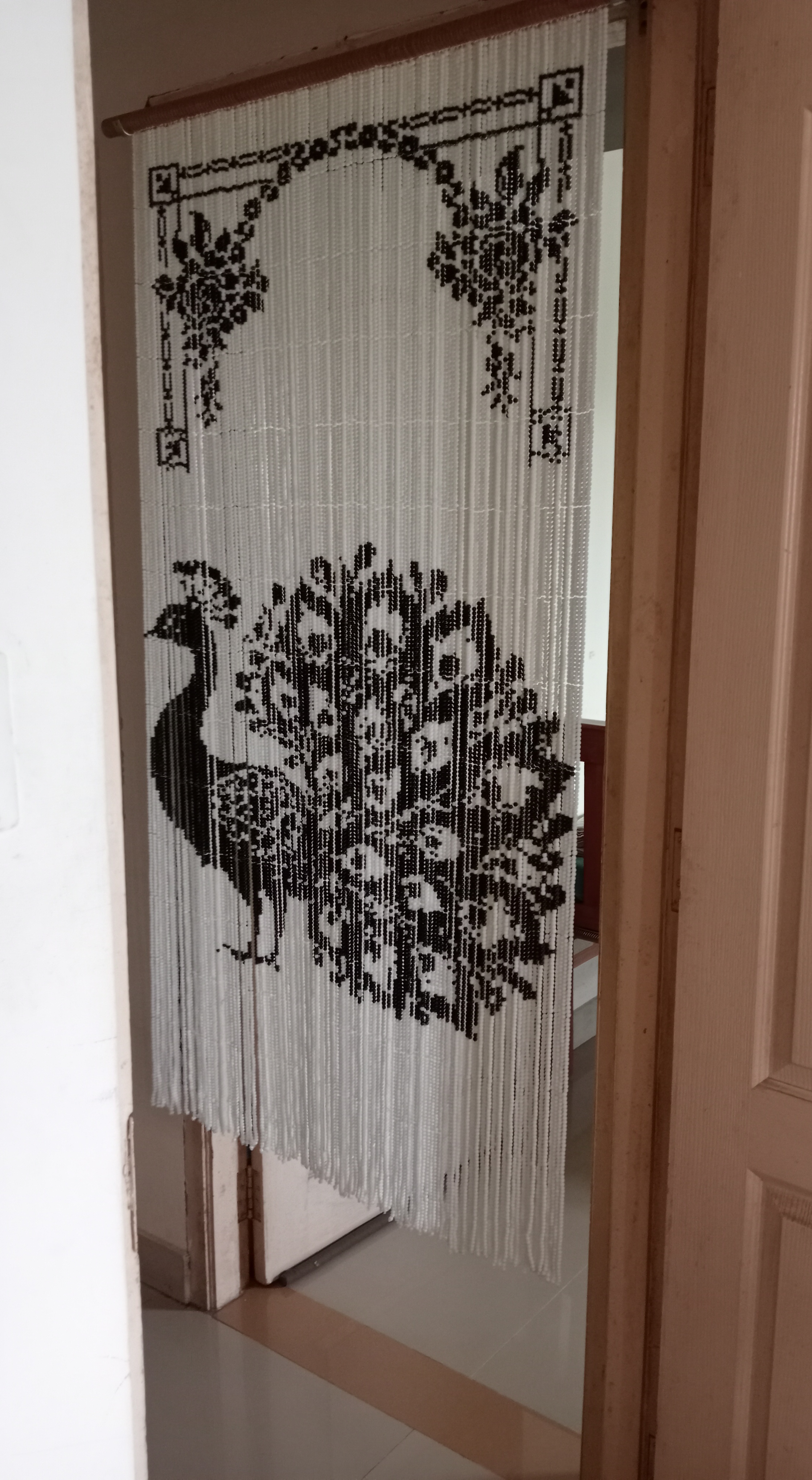 Handcrafted Pixel Glass Bead Curtain - Peacock Design - Featuring 37,700 Black and White Glass Beads