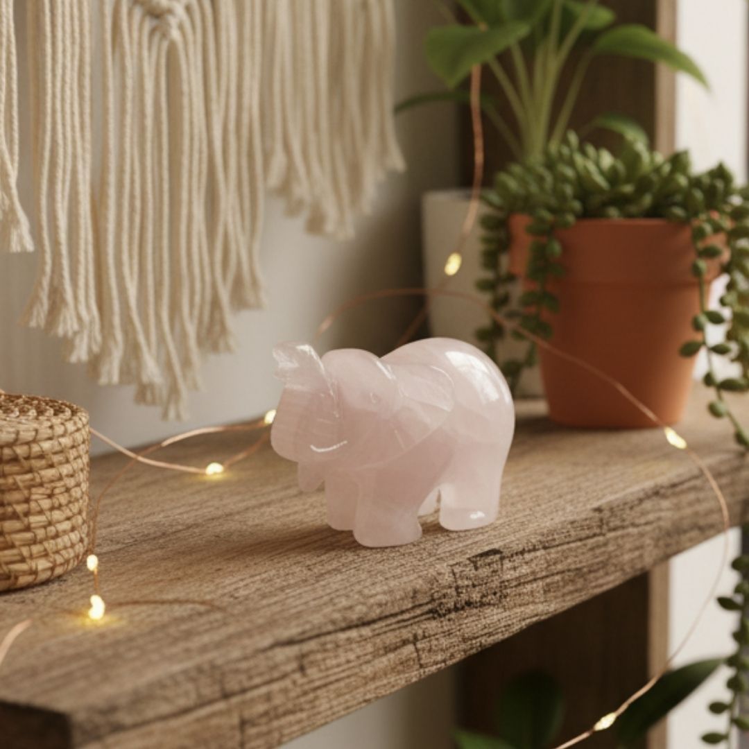 Hand-Carved Rose Quartz Elephant Sculpture