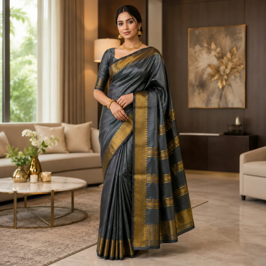 Graceful Handcrafted Charcoal Gray Mangalgiri Saree in Bapta Tussar Silk with Gold Zari Border