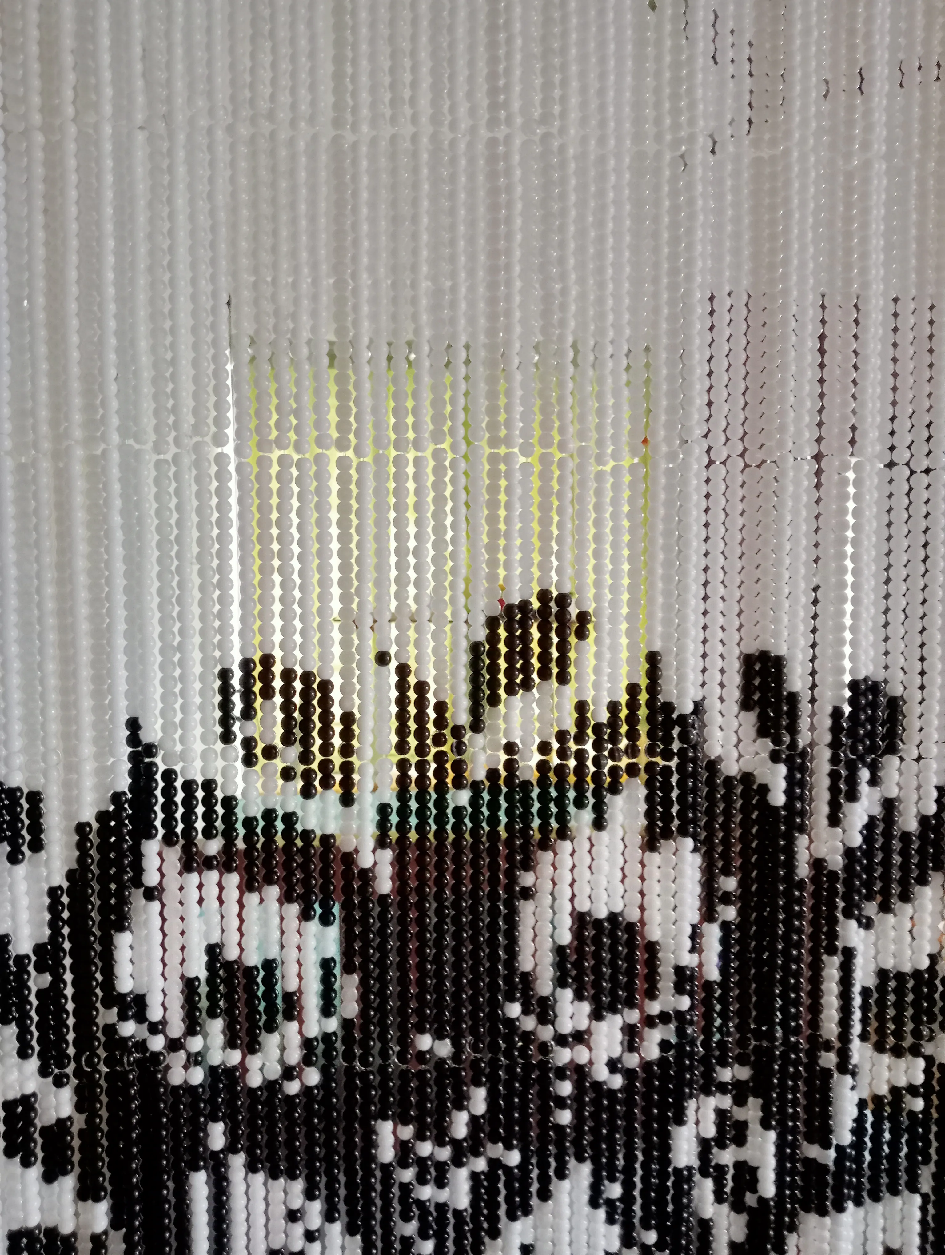 Handcrafted Pixel Glass Bead Curtain - Peacock Design - Featuring 37,700 Black and White Glass Beads