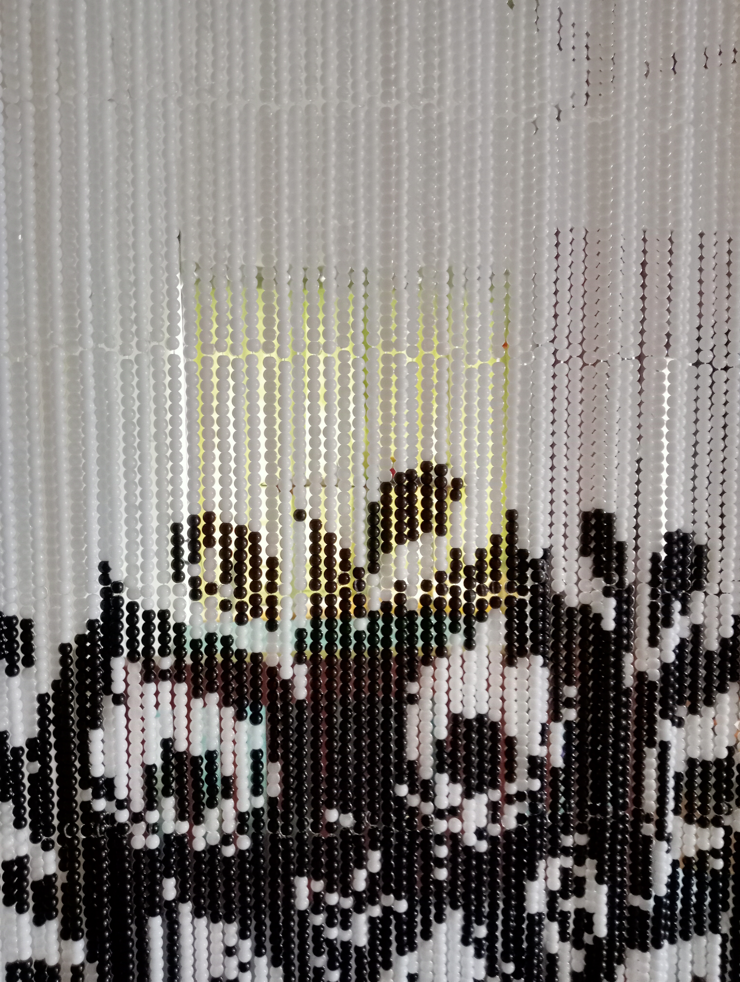 Handcrafted Pixel Glass Bead Curtain - Peacock Design - Featuring 37,700 Black and White Glass Beads