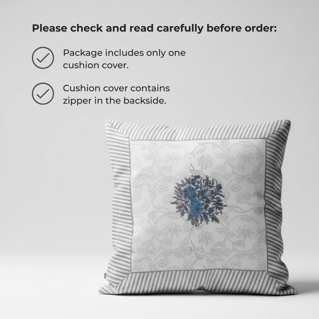 Block Printed Cotton Cushion Covers with Central Floral Motif (Set of 2)