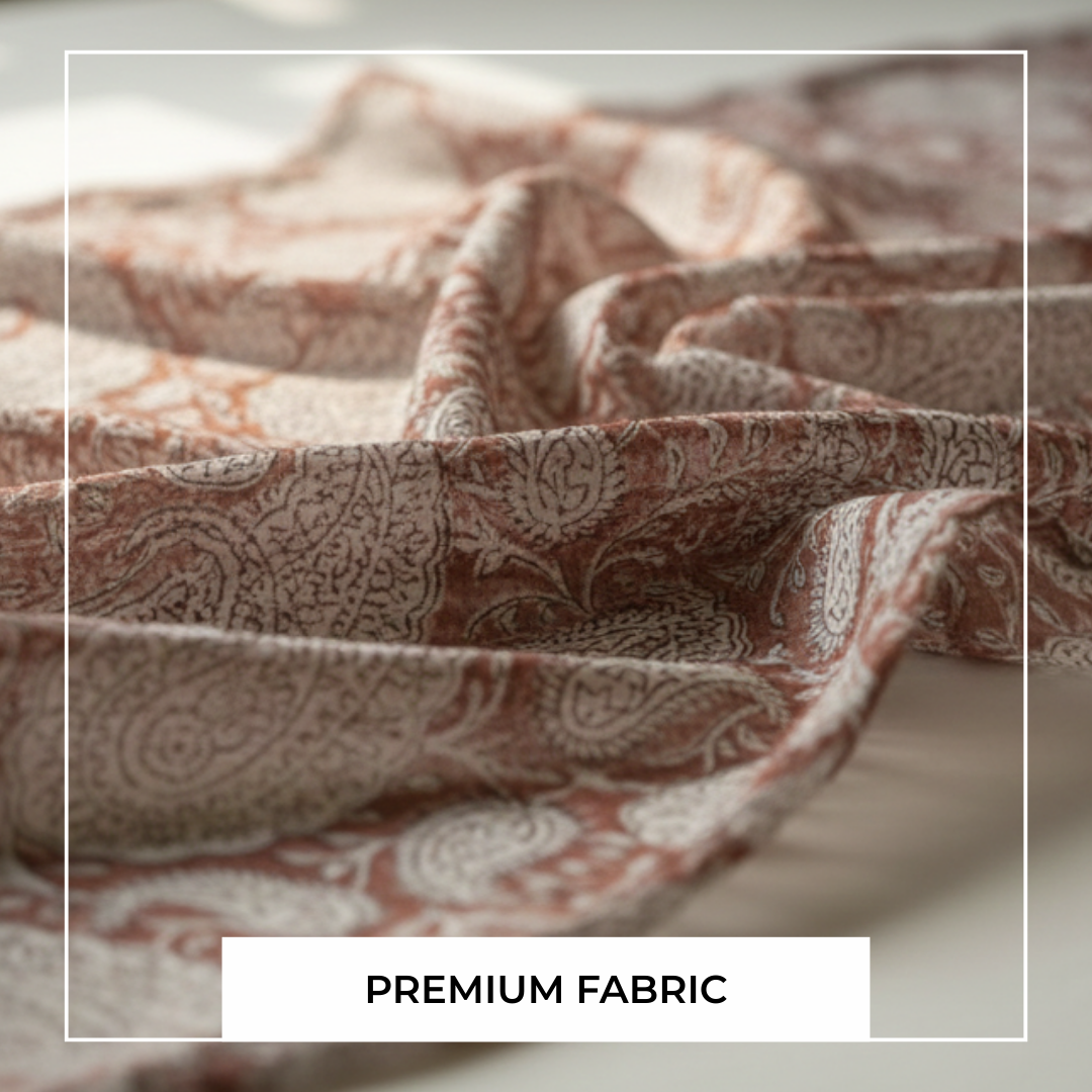 Single-Sided Block Printed Mal Cotton Fabric in Brown Paisley Pattern