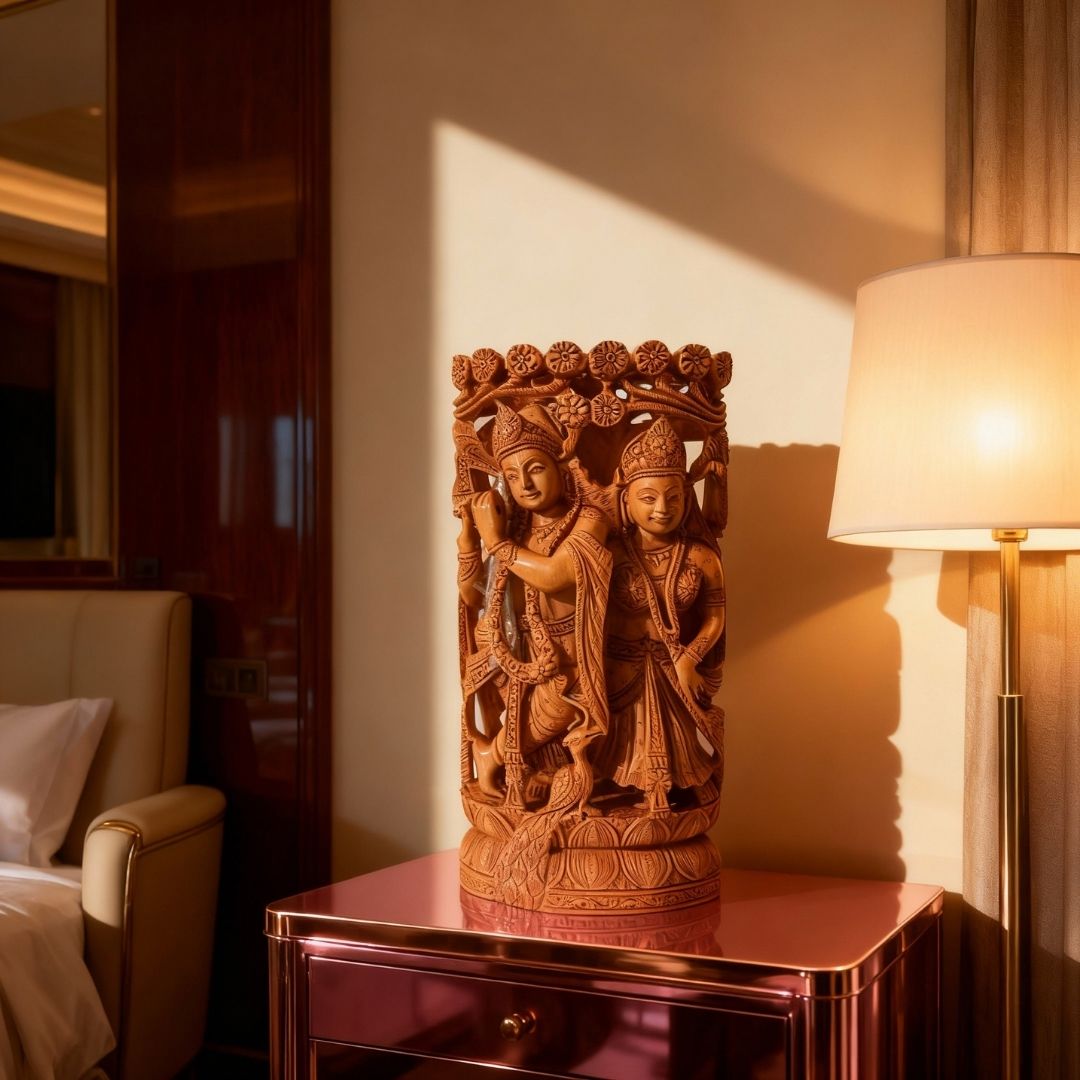 Radha Krishna Jugal Murti in Sandalwood with Intricate Tree Carving