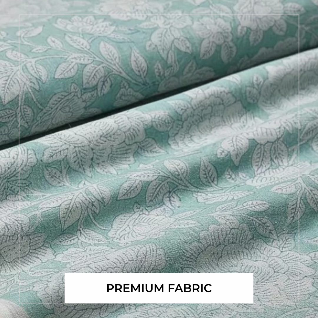 Single-Sided Block Printed Mal Cotton Fabric in Soft Blue Floral Pattern