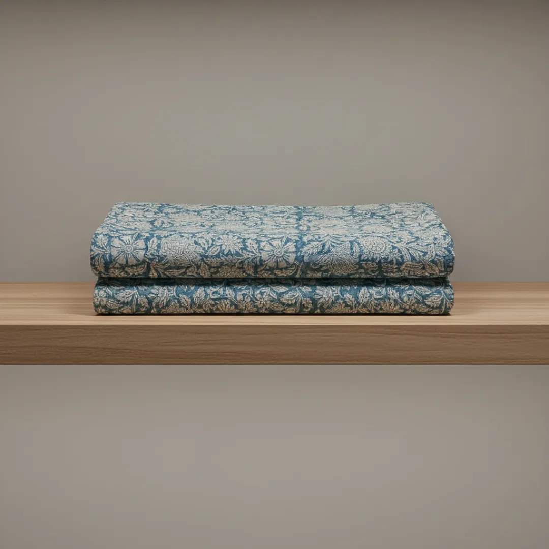 Single-Sided Hand Block Printed Mal Cotton Fabric – Blue Botanical | Sold Per Meter
