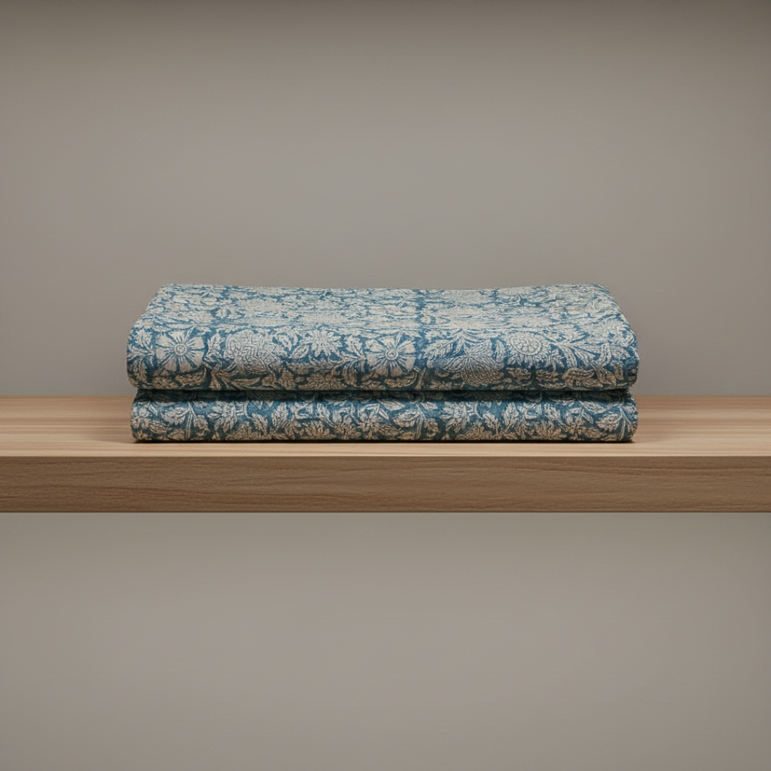 Single-Sided Block Printed Mal Cotton Fabric in Blue Botanical Pattern