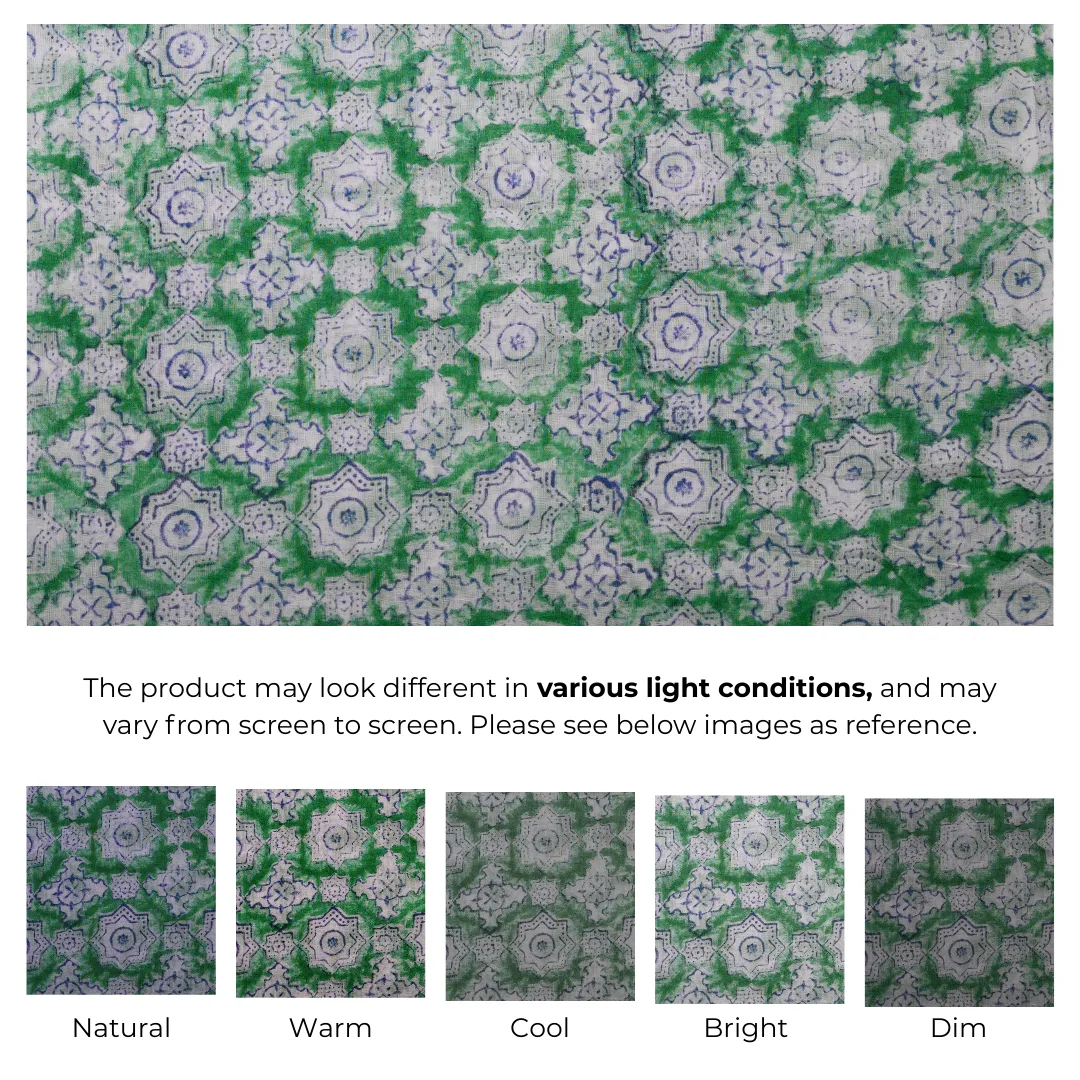 Single-Sided Hand Block Printed Mal Cotton Fabric – Green Floral Motif | Sold Per Meter