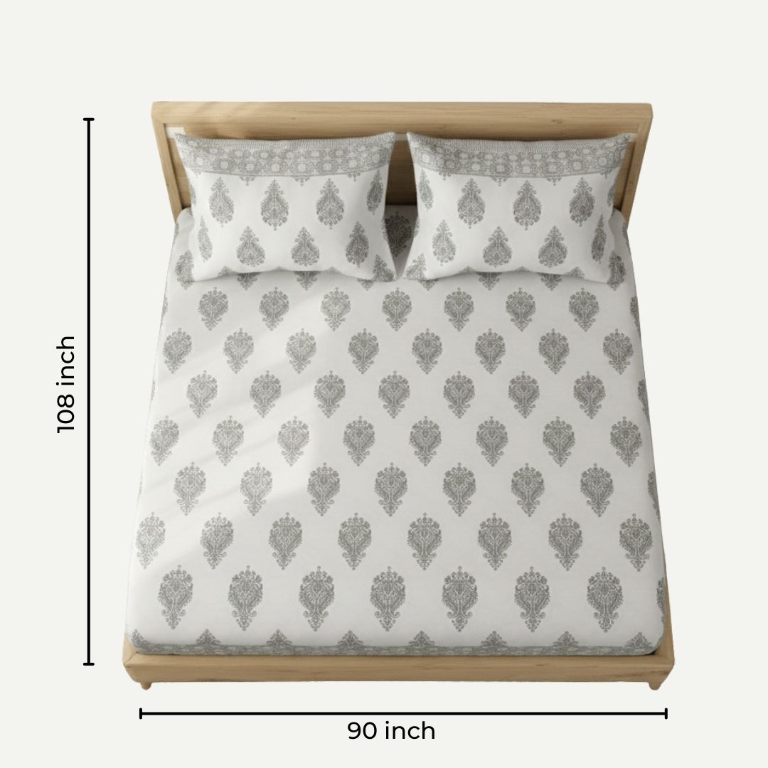 Single-Sided Block Printed Double Bedsheet in Grey Motif