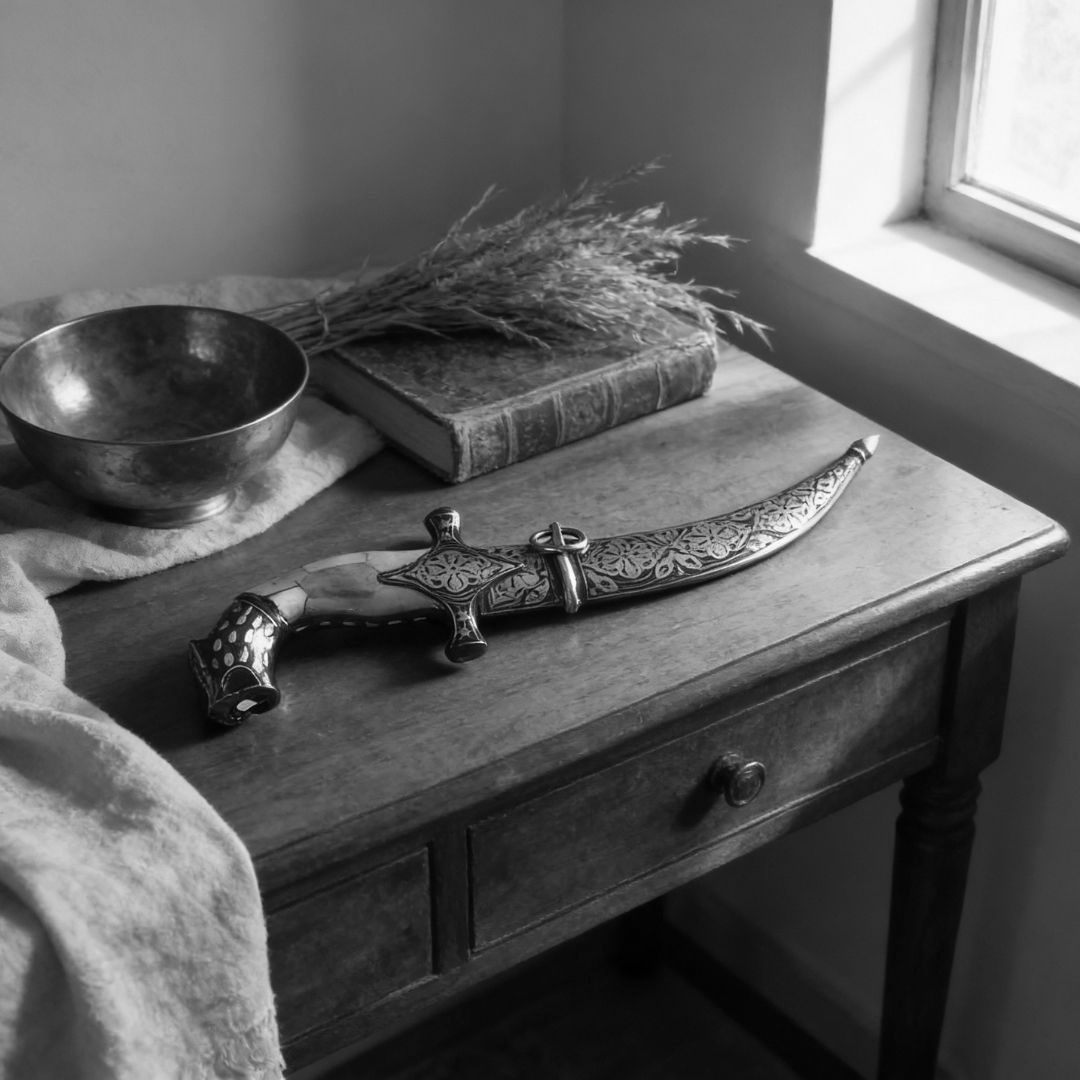 Curved Decorative Koftgari Dagger with Handcrafted Metal Inlay Detailing