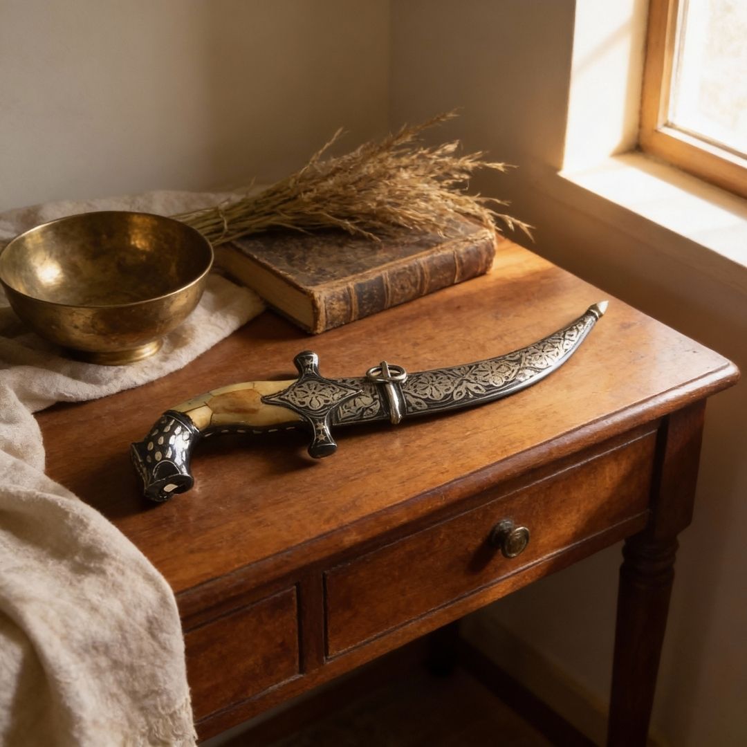 Curved Decorative Koftgari Dagger with Handcrafted Metal Inlay Detailing