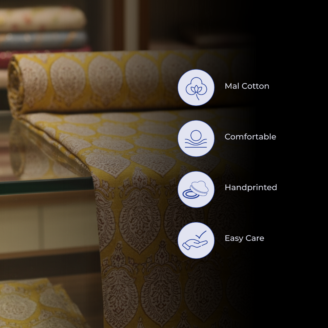 Single-Sided Block Printed Mal Cotton Fabric in Yellow Lattice Floral Pattern