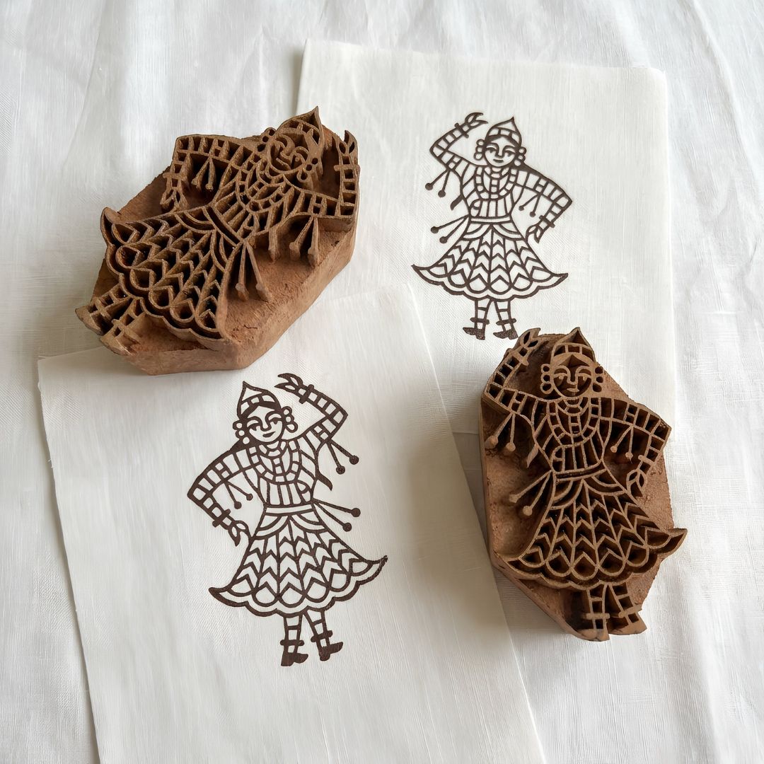 Handcrafted Gurjan Wood Block Pair with Dancing Woman Motif for Textile & Craft Printing