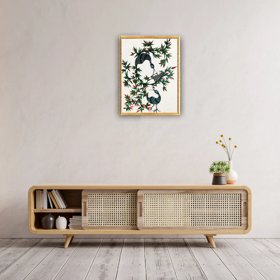 Whispers of the Forest: Gond Bird Handpainted Wall Art