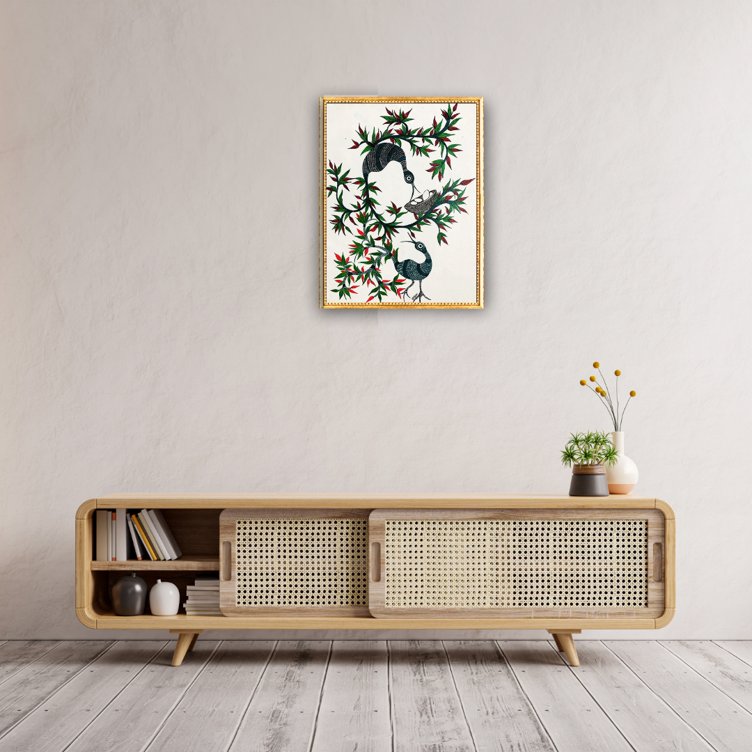 Whispers of the Forest: Gond Bird Handpainted Wall Art