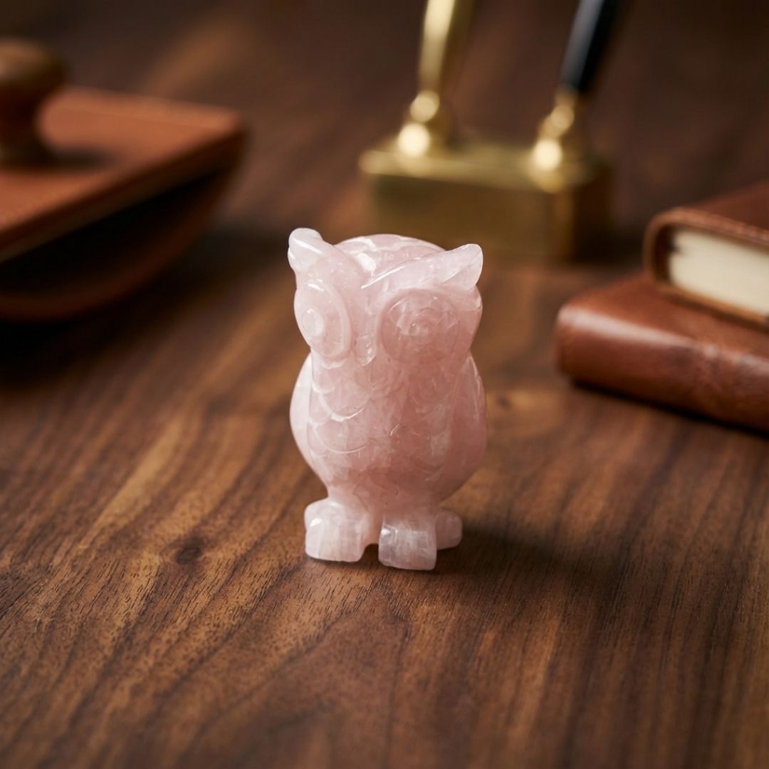 Rose Quartz Owl Sculpture for Home Decor and Positive Energy