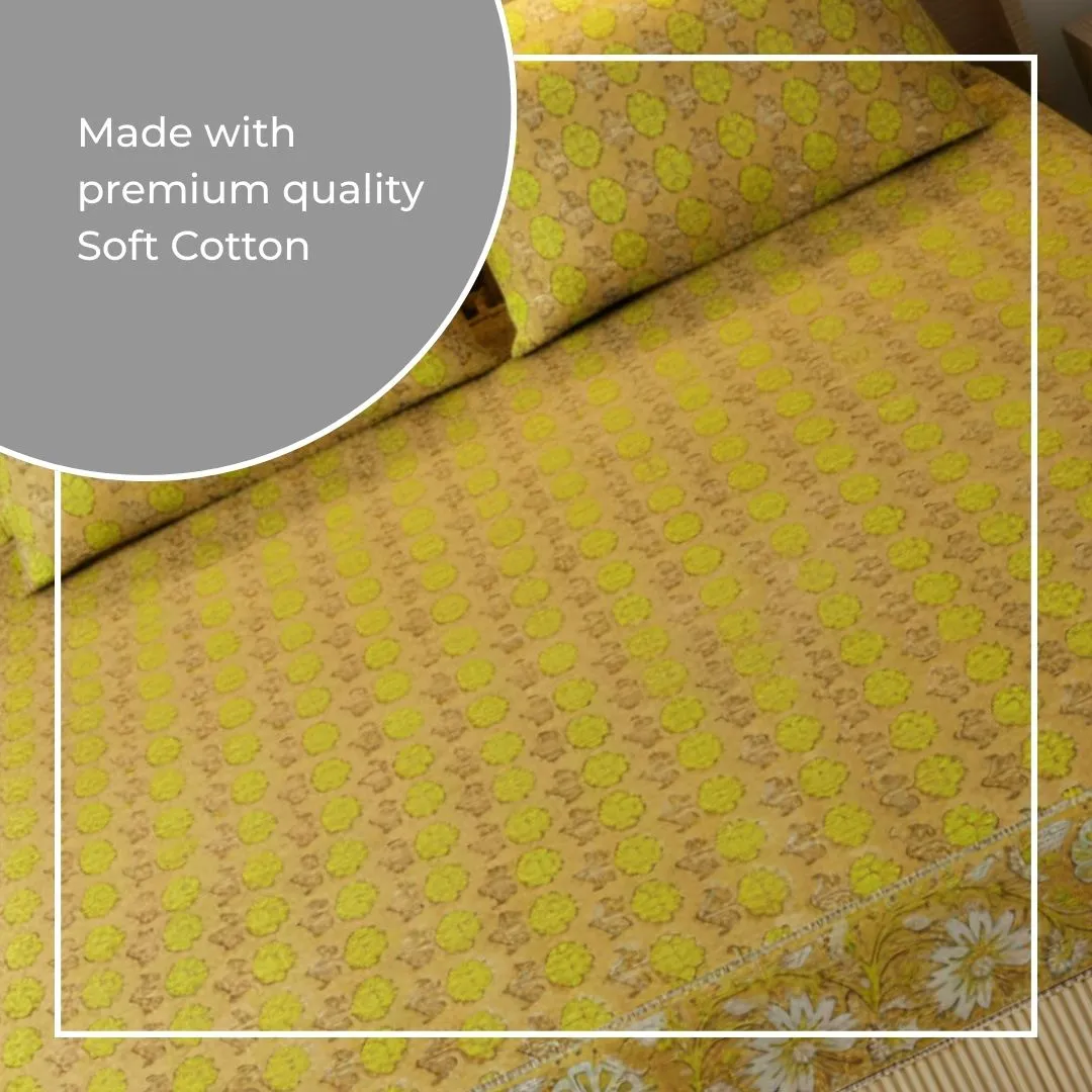 Single-Sided Block Printed Double Bedsheet in Yellow Floral Pattern