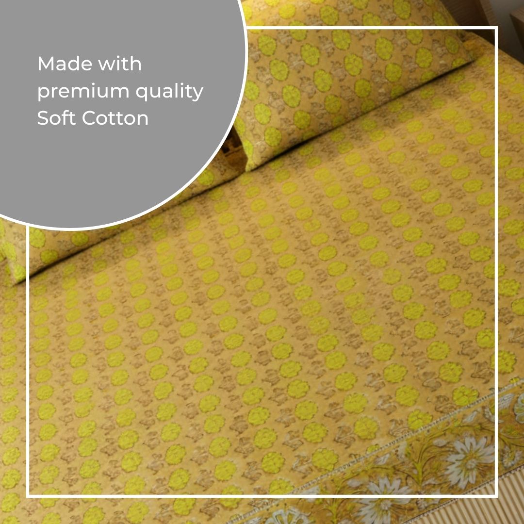 Single-Sided Block Printed Double Bedsheet in Yellow Floral Pattern