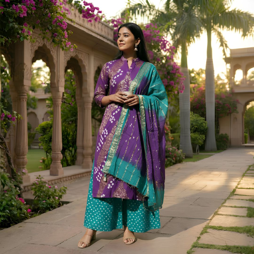 Glace Cotton Jari Tie and Dye Suit Fabric for Elegant Cut Tops