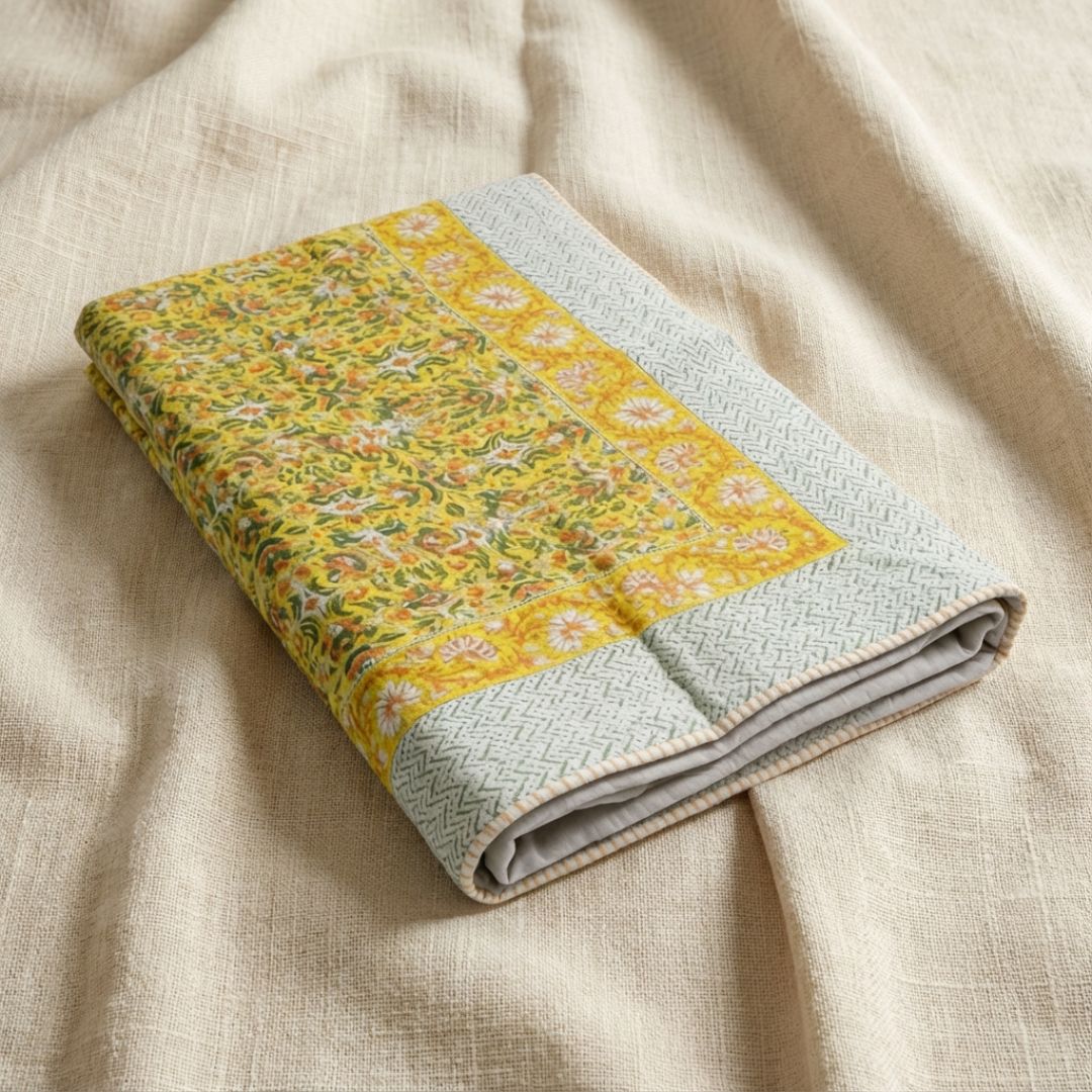 Single Double-Sided Block Printed Cotton Comforter in Yellow Green Floral Pattern