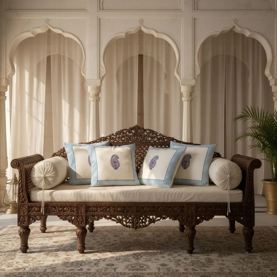 South Cotton Block Printed Cushion Covers with Central Motif & Blue Border (Set of 2)