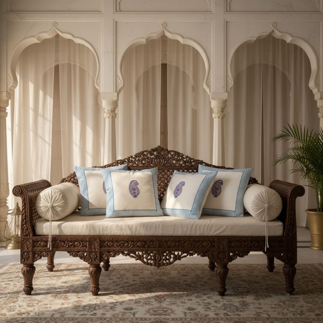 Block Printed South Cotton Cushion Cover with Blue Border and Central Motif 