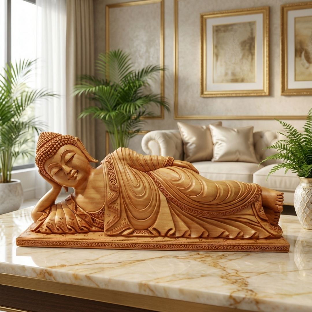 Sleeping Buddha Reclining Sculpture in Sandalwood