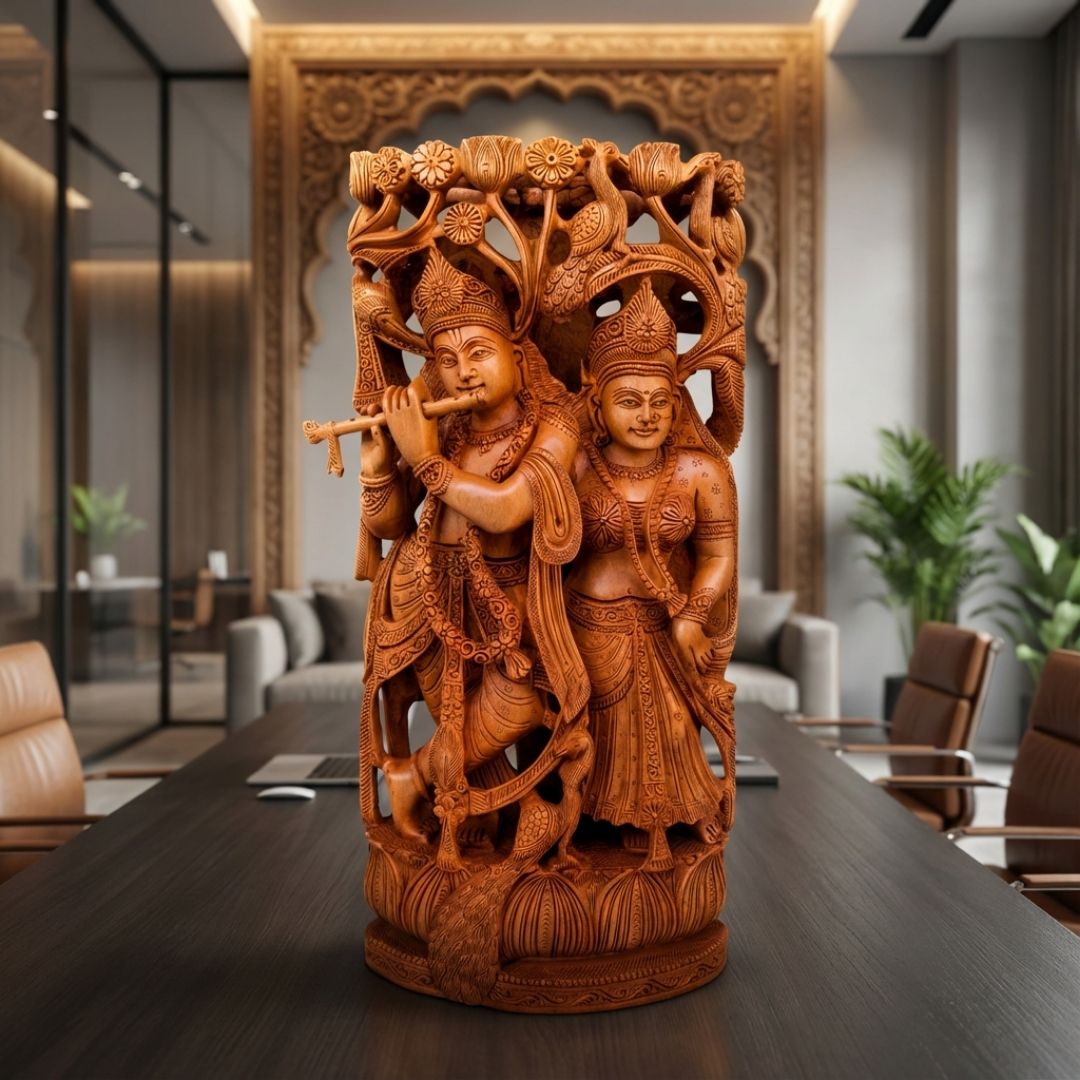 Radha Krishna Under Tree Sculpture with Peacock and Cow Carving in Sandalwood