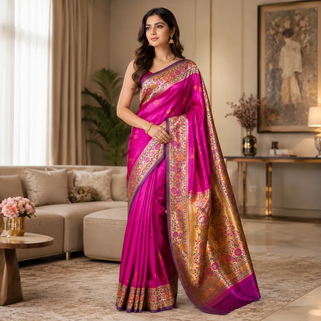 Handcrafted Fuchsia Pink Khadi Paithani Silk Saree 